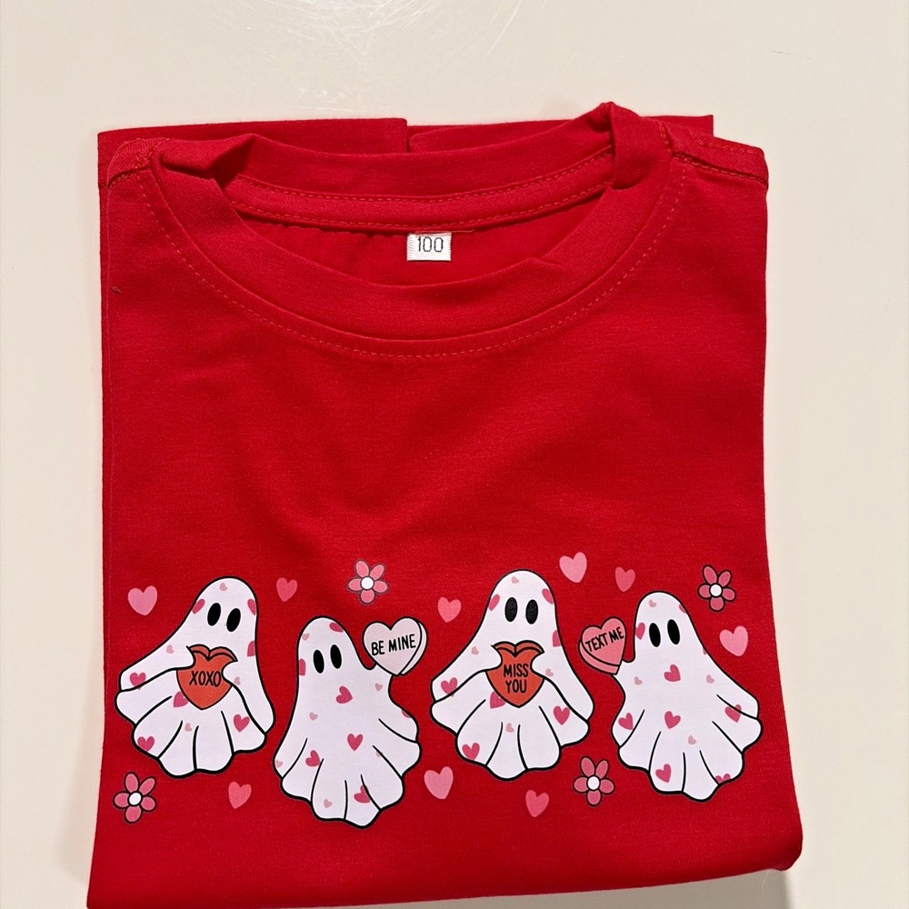 Girls Red Ghost Graphic Valentine T-Shirt - Short Sleeve Crew Neck - size 6/7